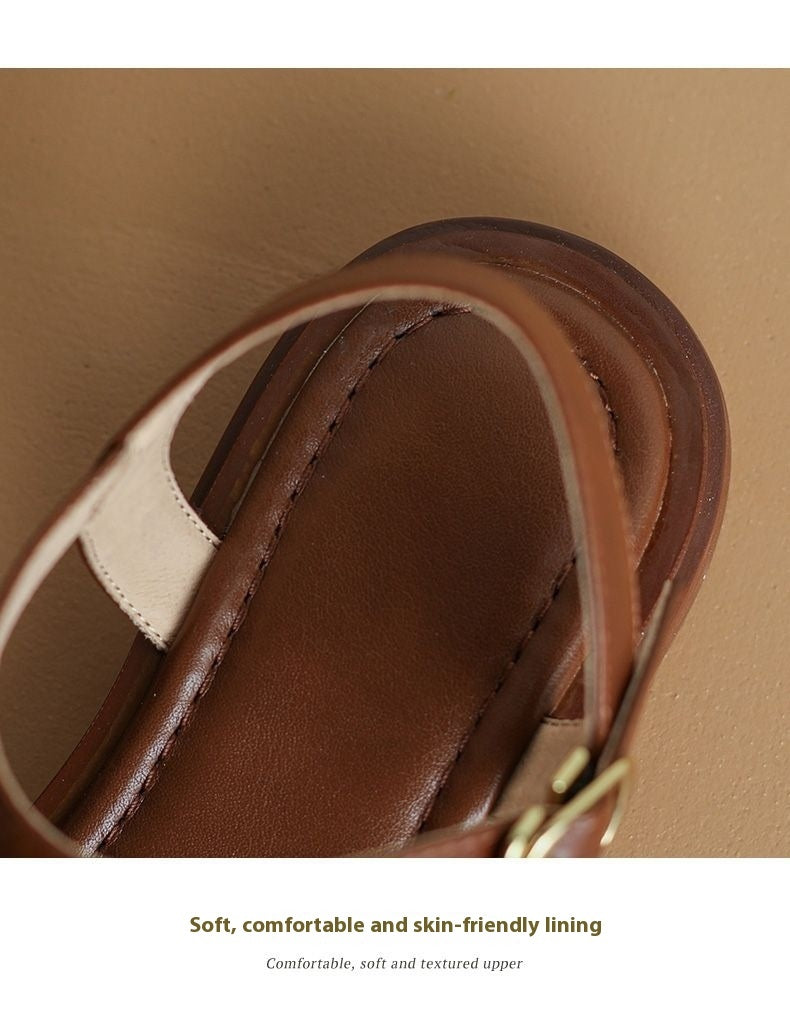 Sole Leather French Retro Platform Sandals