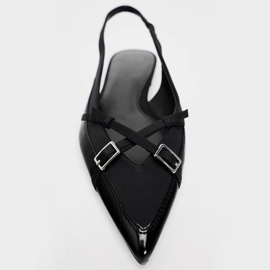 Closed Toe Sandals Women's Black Cross Strap Patent Leather Flat Casual Mules
