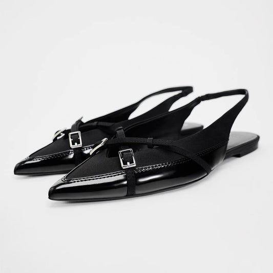 Closed Toe Sandals Women's Black Cross Strap Patent Leather Flat Casual Mules